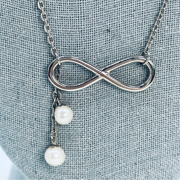Vantel Pearls Infiniti Necklace Freshwater Pearl Dangle In Silver 18” + Signed - Picture 1 of 9